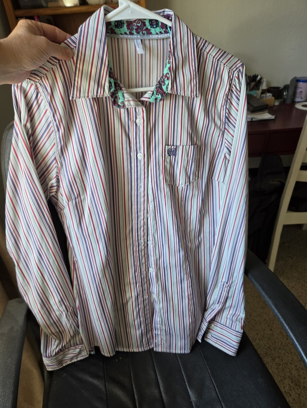 Striped Long-Sleeve Dress Shirt - White with Red & Blue Stripes